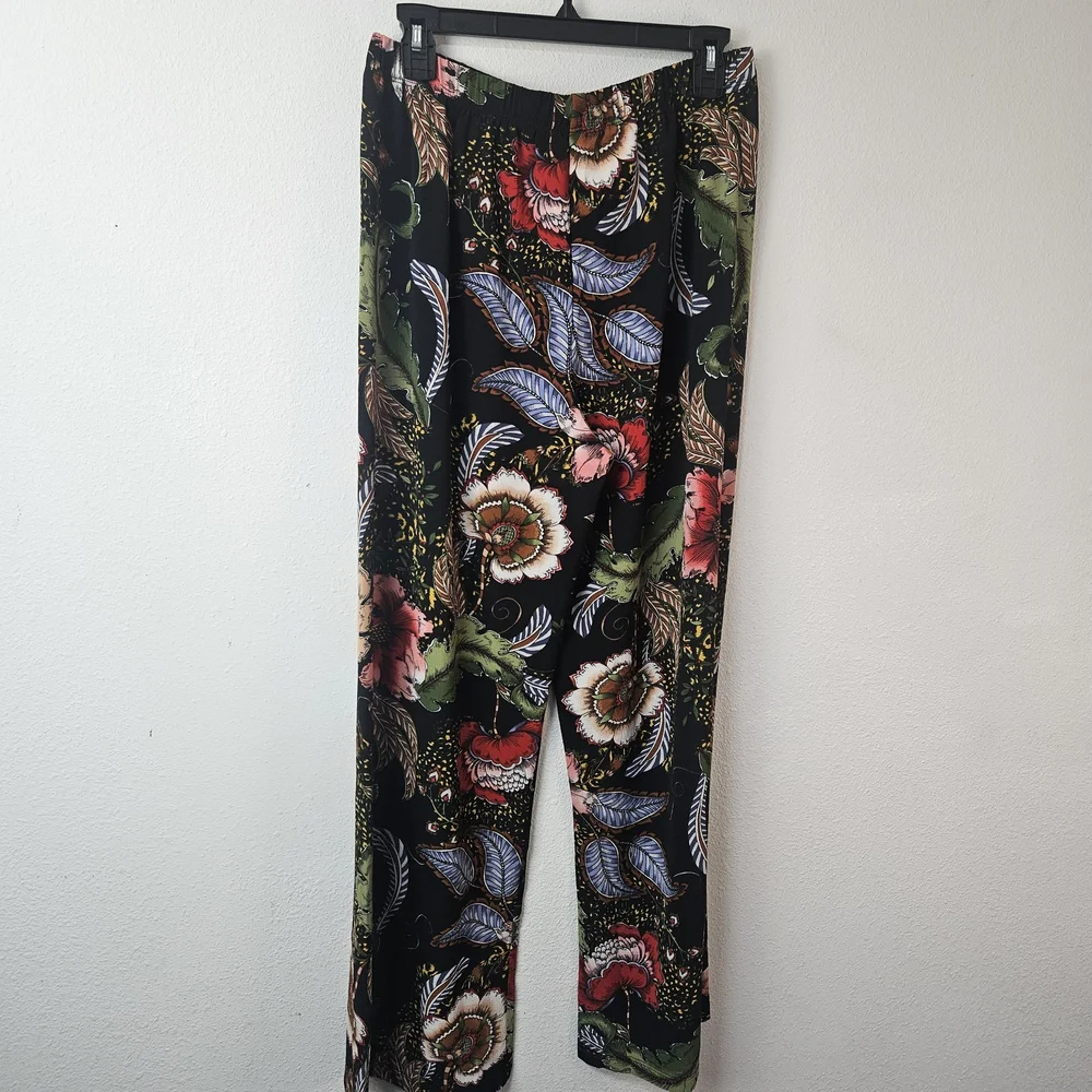 THE PYRAMID COLLECTION Pull On Elastic Waist Floral Pants M Boho Wide Leg